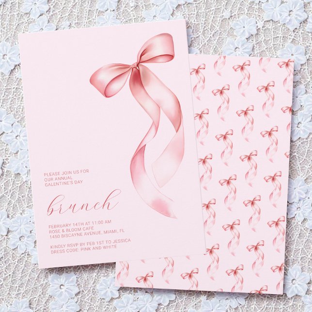 Akvarell Rosa Båge Chic Galentine’s Dag Brunch Inbjudningar (Watercolor Pink Bow Chic Galentine’s Day Brunch Invitation)