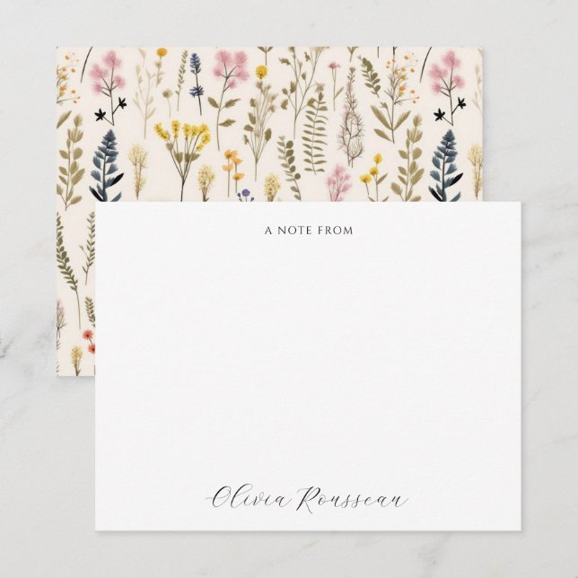 Akvarell Rosa Blå Vildblommor Script Anteckningskort (Fram/baksida)