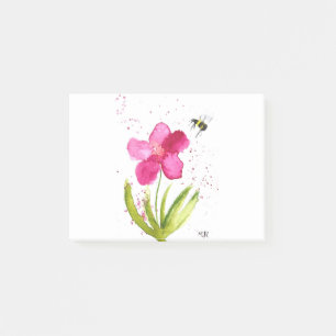 Akvarell rosa blomma humla post-it block