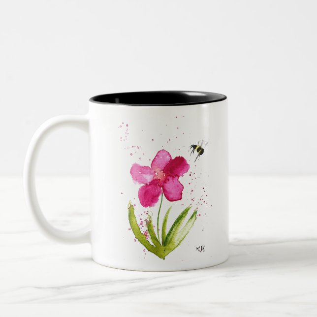 Akvarell rosa blomma humla Två-Tonad mugg (Vänster)