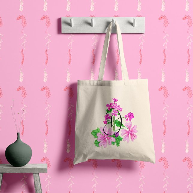 Akvarell rosa blomma med din initial.  tygkasse (Skapare uppladdad)