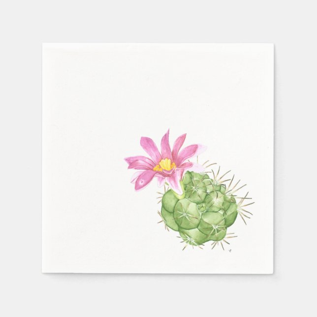 Akvarell Rosa Blommande Kaktus Pappersservett (Framsidan)