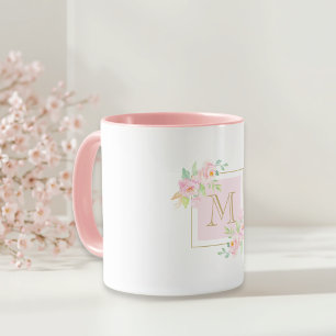 Akvarell Rosa Blommig Anpassad Initial Present Mugg