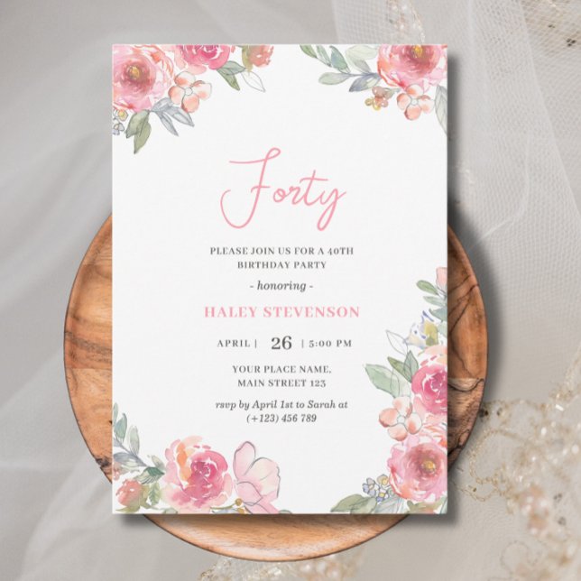 Akvarell Rosa Blommig Fyrtio Boho Chic Födelsedag Inbjudningar (Skapare uppladdad)