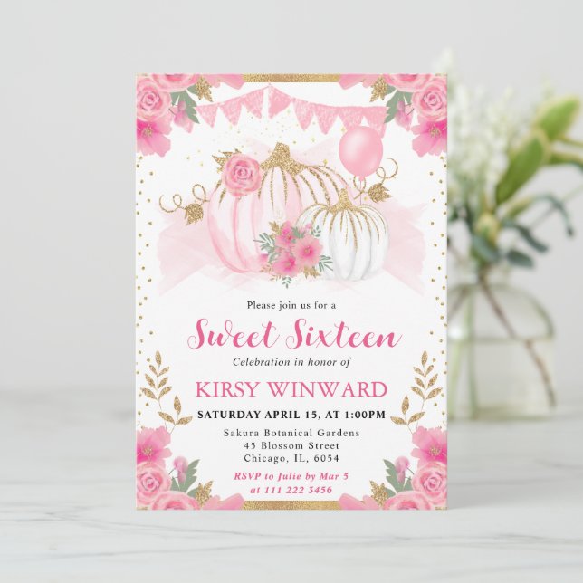 Akvarell Rosa Blommig Höst Pumpa Sweet 16 Inbjudningar (Stående Fram)