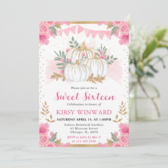 Akvarell Rosa Blommig Höst Pumpa Sweet 16 Inbjudningar (Stående Fram)