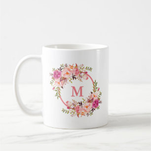 Akvarell Rosa Blommig Monogram Kaffemugg
