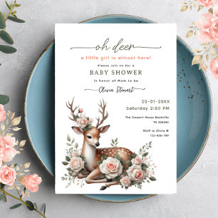 Akvarell Rosa Blommig oh hjort baby shower  Inbjudningar