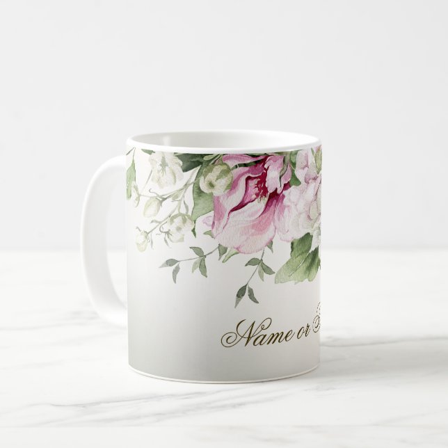Akvarell Rosa Blommig Ram Blank Brons Elegant Kaffemugg (Framsida vänster)
