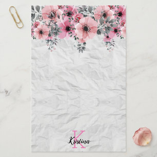 Akvarell Rosa Blommig Skrynklig Textur Monogram Brevpapper
