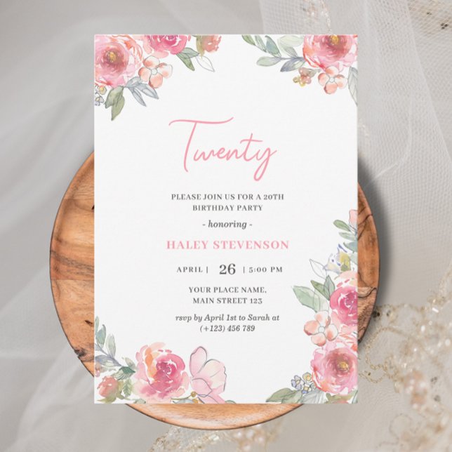 Akvarell Rosa Blommig Tjugo Boho Chic Födelsedag Inbjudningar (Skapare uppladdad)