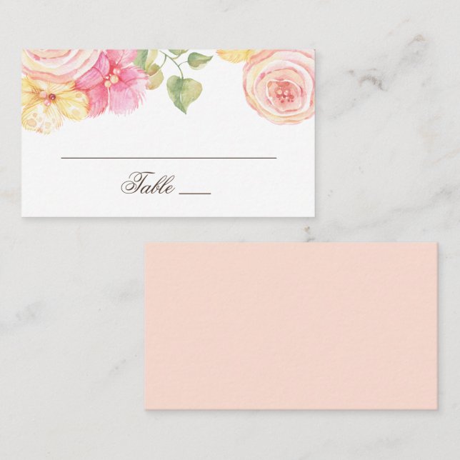 Akvarell rosa blommor. Bröllop med rosafärgade blo Placeringskort (Fram/baksida)