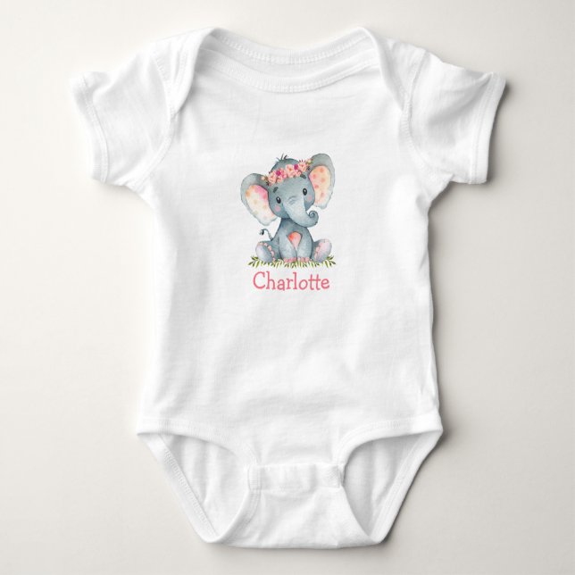 Akvarell Rosa Blommor Grönska Baby Elefant T Shirt (Framsida)