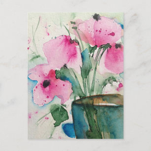 Akvarell Rosa Blommor I Vasen Vykort
