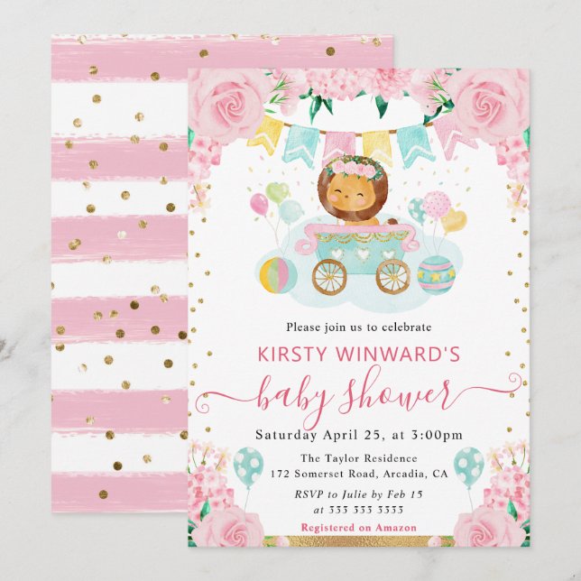 Akvarell Rosa Blommor Lejon Bebisens Första Dag Inbjudningar (Fram/baksida)