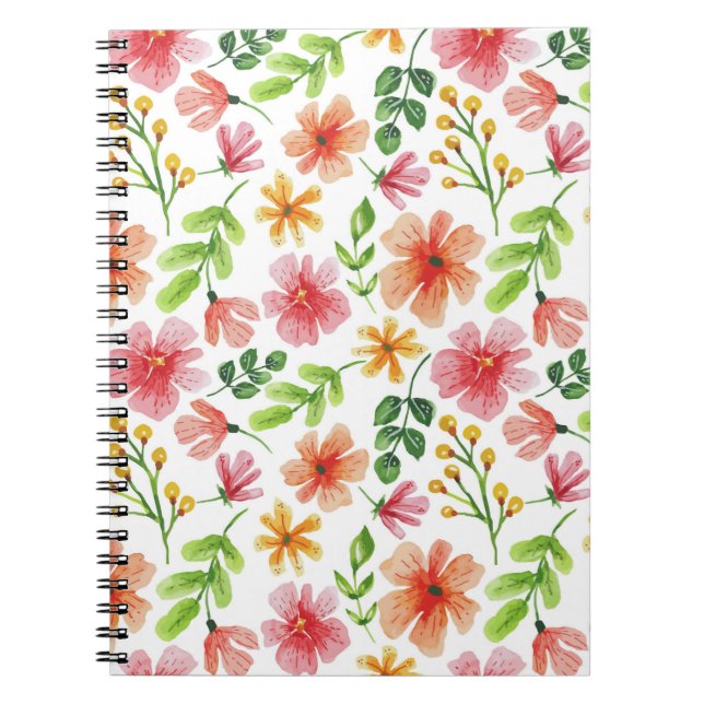 Akvarell Rosa Blommor Mönster Anteckningsbok (Framsidan)