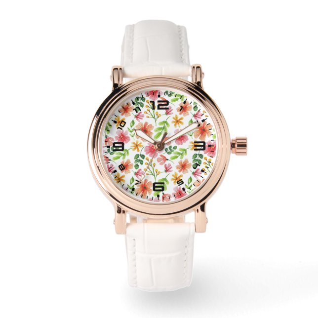 Akvarell Rosa Blommor Mönster Armbandsur (Framsida)
