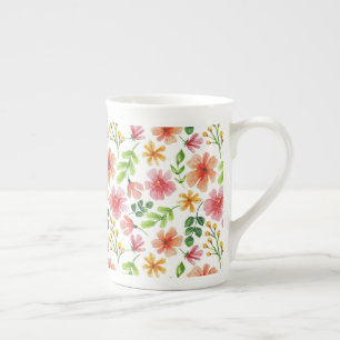Akvarell Rosa Blommor Mönster Benporslin Mugg