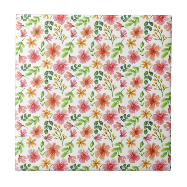 Akvarell Rosa Blommor Mönster Kakelplatta (Framsidan)
