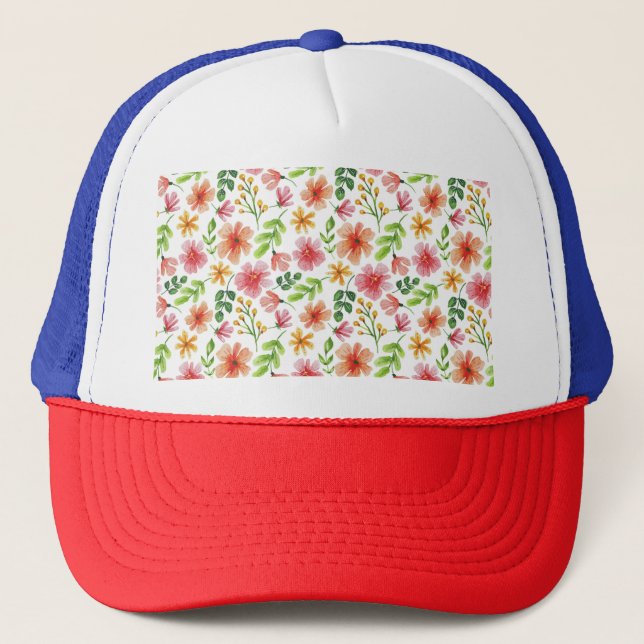 Akvarell Rosa Blommor Mönster Keps (Framsida)