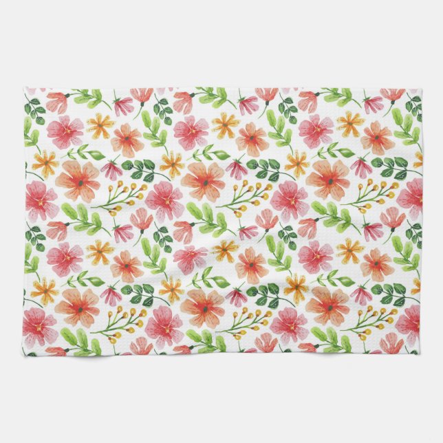 Akvarell Rosa Blommor Mönster Kökshandduk (Horisontell)