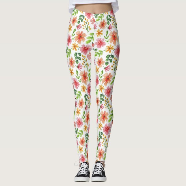 Akvarell Rosa Blommor Mönster Leggings (Framsida)