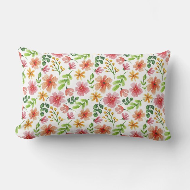 Akvarell Rosa Blommor Mönster Lumbarkudde (Framsida)