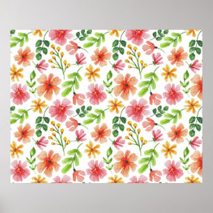 Akvarell Rosa Blommor Mönster Poster