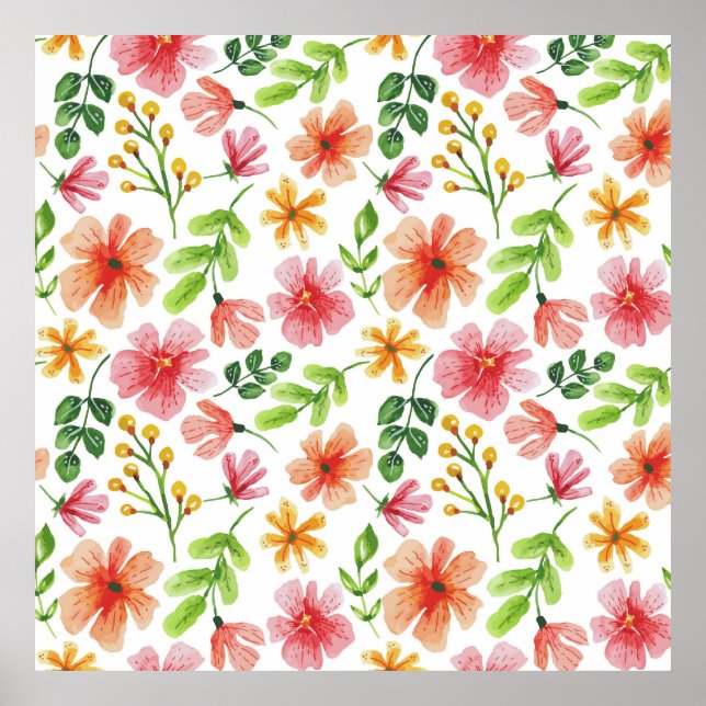 Akvarell Rosa Blommor Mönster Poster (Framsidan)