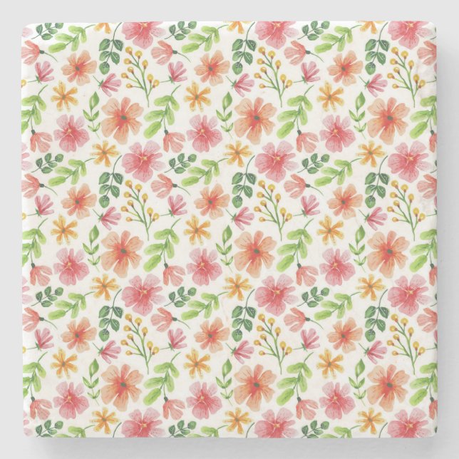 Akvarell Rosa Blommor Mönster Stenunderlägg (Framsidan)