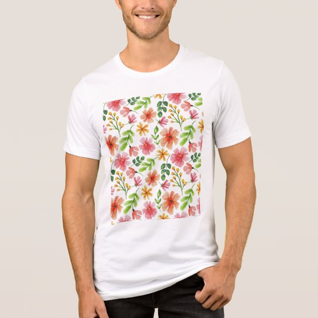 Akvarell Rosa Blommor Mönster T Shirt (Framsida)