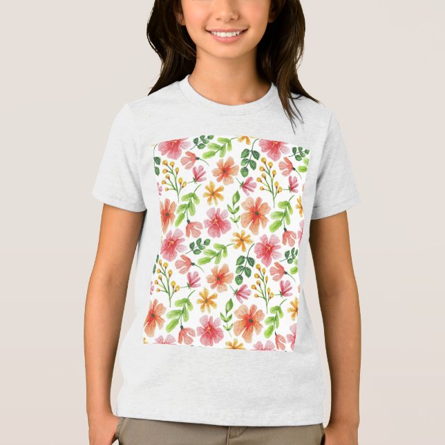 Akvarell Rosa Blommor Mönster T Shirt (Framsida)