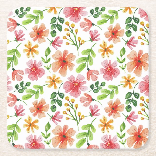 Akvarell Rosa Blommor Mönster Underlägg Papper Kvadrat (Framsidan)
