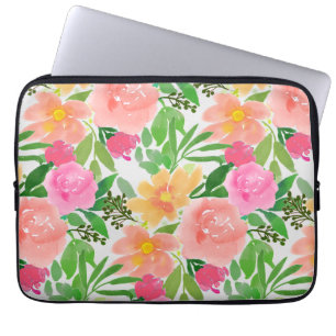 Akvarell rosa blommor och gröna blad laptop fodral