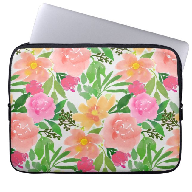 Akvarell rosa blommor och gröna blad laptop fodral (Framsidan)
