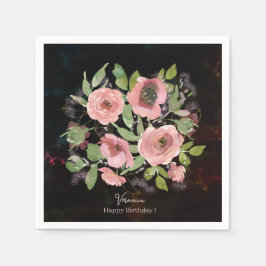 Akvarell Rosa blommor på svart Pappersservett