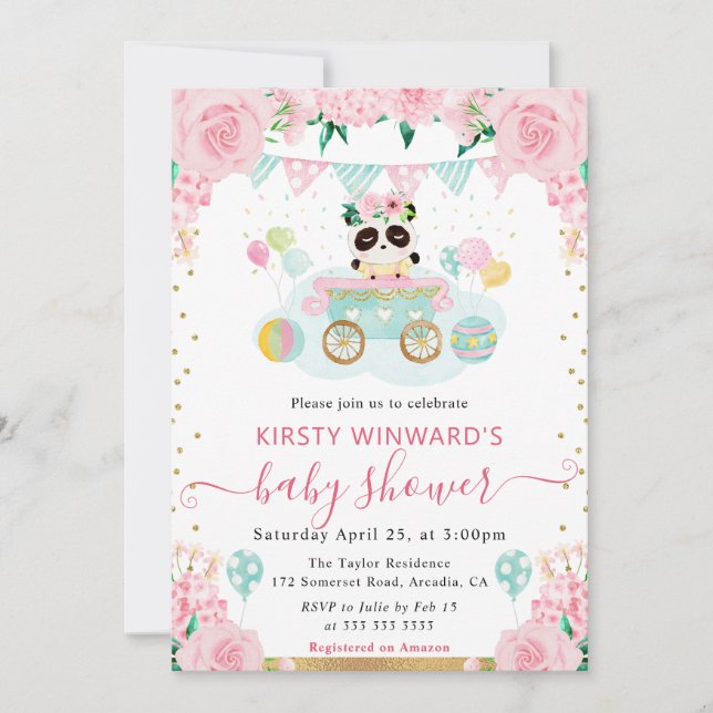 Akvarell Rosa Blommor Panda Bebis-fest Inbjudningar (Framsida)