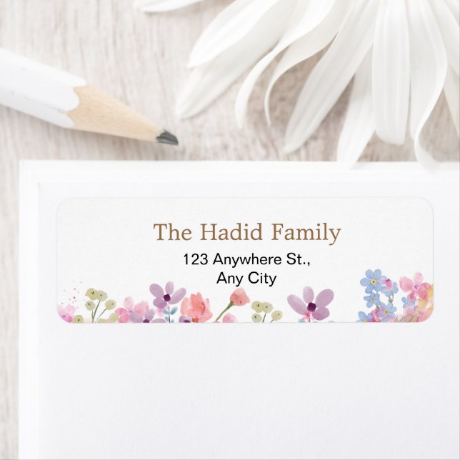 Akvarell Rosa Blommor Returadress Etikett (Insitu)