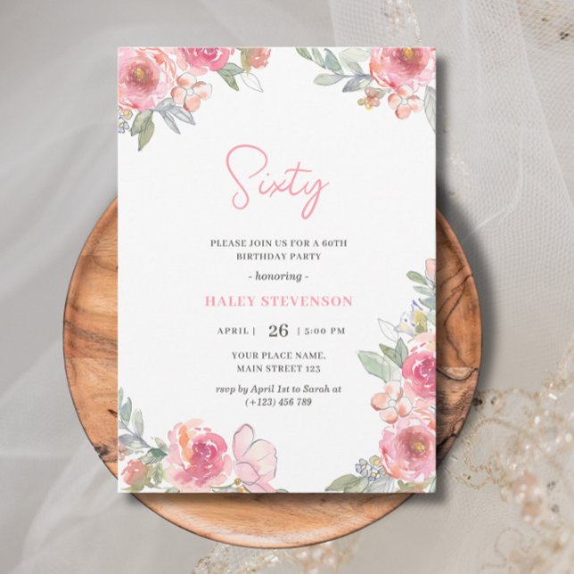 Akvarell Rosa Blommor Sextio Boho Chic Födelsedag Inbjudningar (Skapare uppladdad)