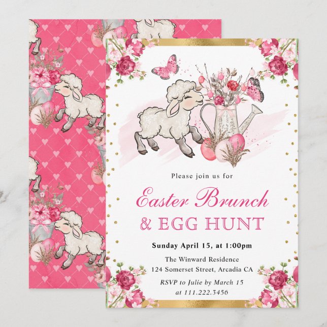 Akvarell Rosa Blommor Söta Lamm Påsk Brunch Inbjudningar (Fram/baksida)