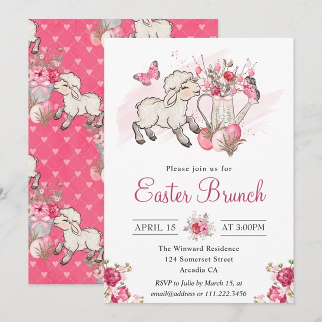 Akvarell Rosa Blommor & Sött Lamm Påskbrunch Inbjudningar (Fram/baksida)