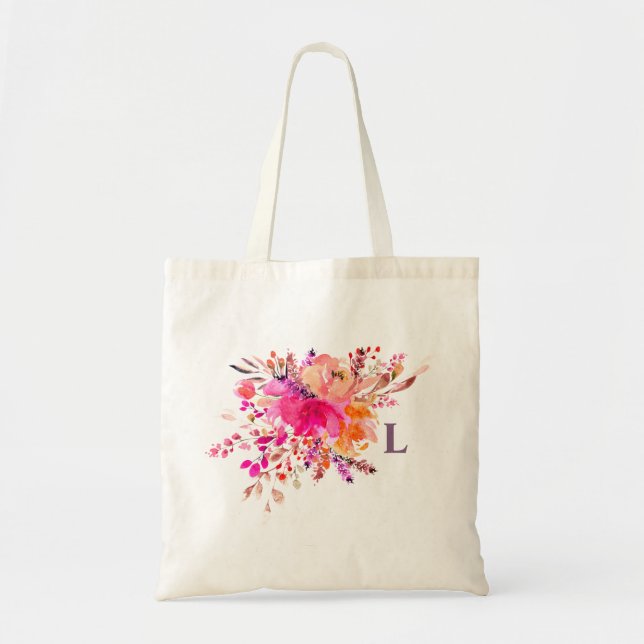 Akvarell rosa blomster monogram. Initiala blommor Tygkasse (Framsidan)