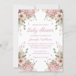 akvarell rosa blomster trädgård flicka baby shower inbjudningar