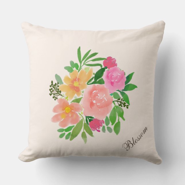 Akvarell Rosa Blomsterbukett på Elfenben Kudde (Framsida)