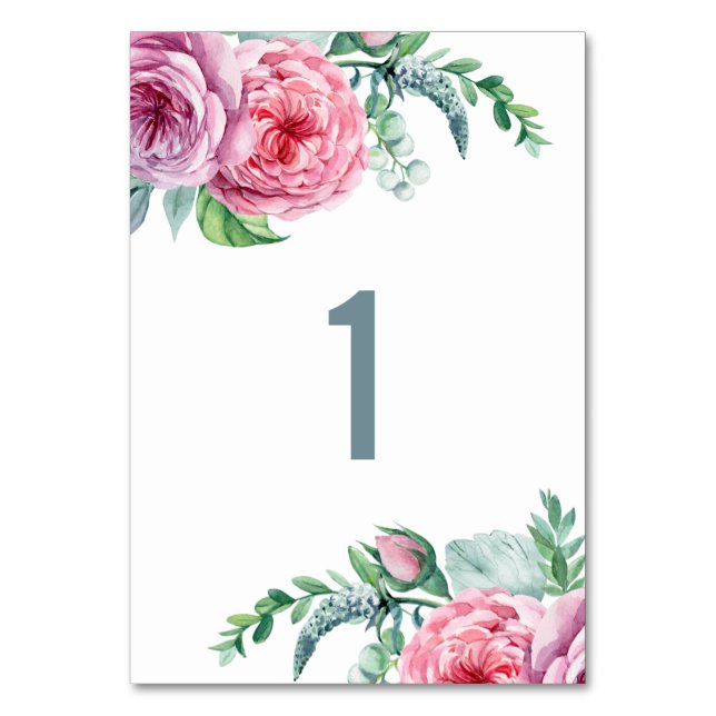 Akvarell rosa boho blomsterbröllop. Trädgårdsblomm Bordsnummer (Framsidan)