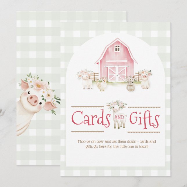 Akvarell Rosa Bondgårdsdjur Baby Shower Gåvoskylt (Fram/baksida)
