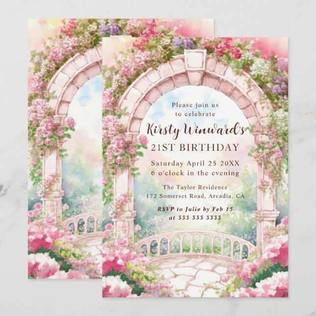 Akvarell Rosa Engelska Trädgårdsbåge 21-årsdag Inbjudningar (Fram/baksida)