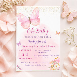 Akvarell Rosa fjäril Blommig Baby Shower Inbjudningar