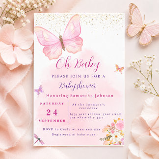Akvarell Rosa fjäril Blommig Baby Shower Inbjudningar