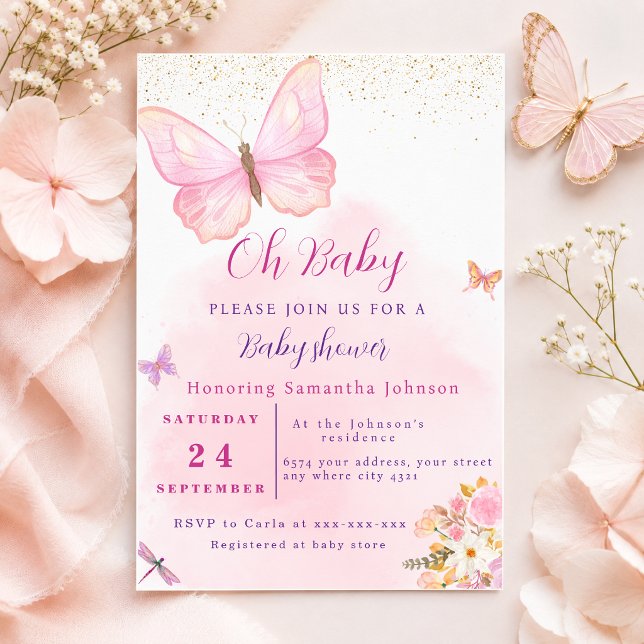 Akvarell Rosa fjäril Blommig Baby Shower  Inbjudningar (Skapare uppladdad)